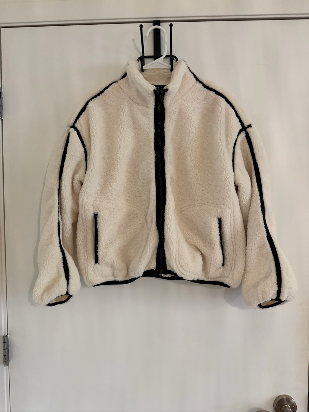 Vici- Women’s White Sherpa Zip-Up Jacket with Black Trim